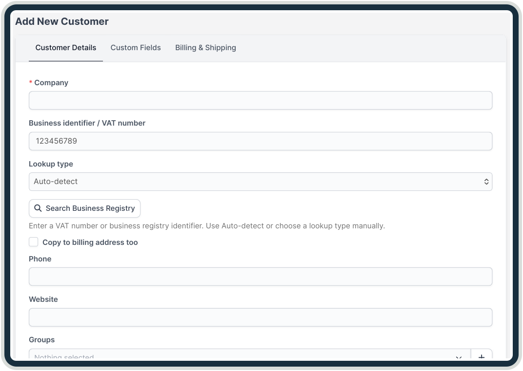 Business Registry lookup in a customer form