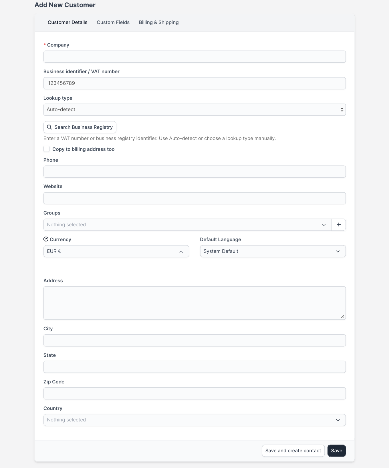Search inside a new customer