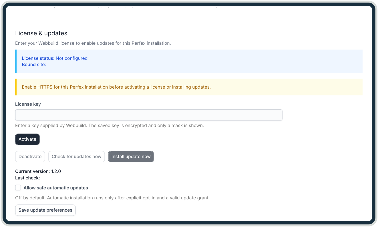 License and update settings