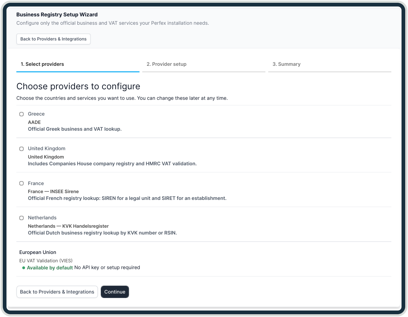 Provider selection in the Setup Wizard